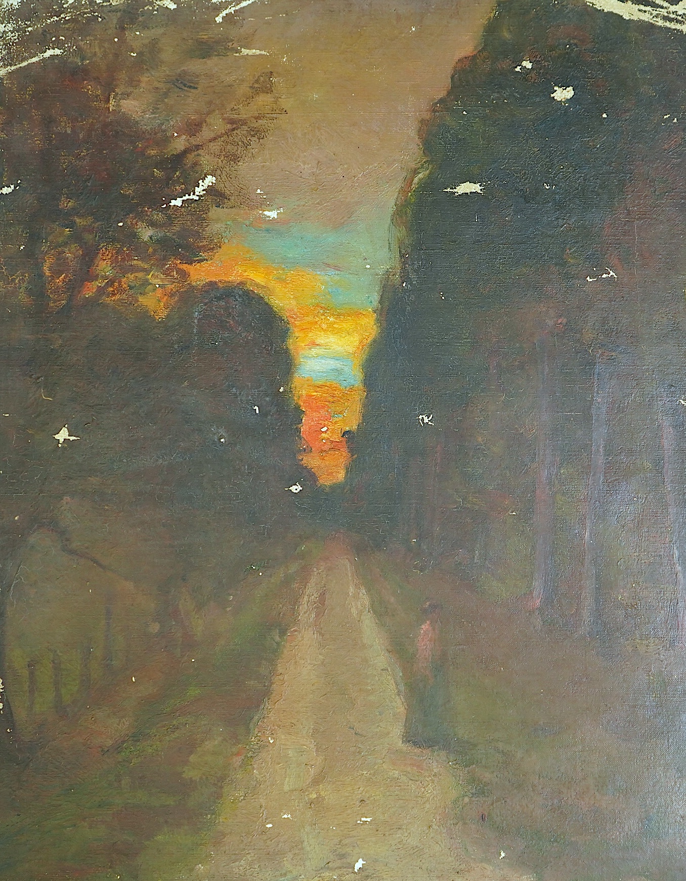 Albert de Belleroche (English, 1864-1944), Wooded path at sunset and Forest at night (3), oil on canvas, 78 x 62cm & 62 x 78cm